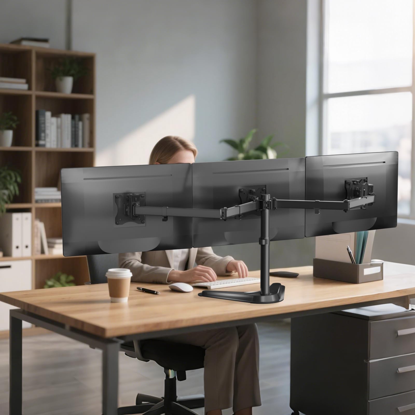 WALI Free Standing Triple Monitor Mount, Heavy Duty Triple Monitors Stand for 13-27 inch Screens, Adjustable 3 Monitor Arm Desk Mount with Swivel, Tilt, Rotation, Grommet Base (MF003N), Black - Image 7