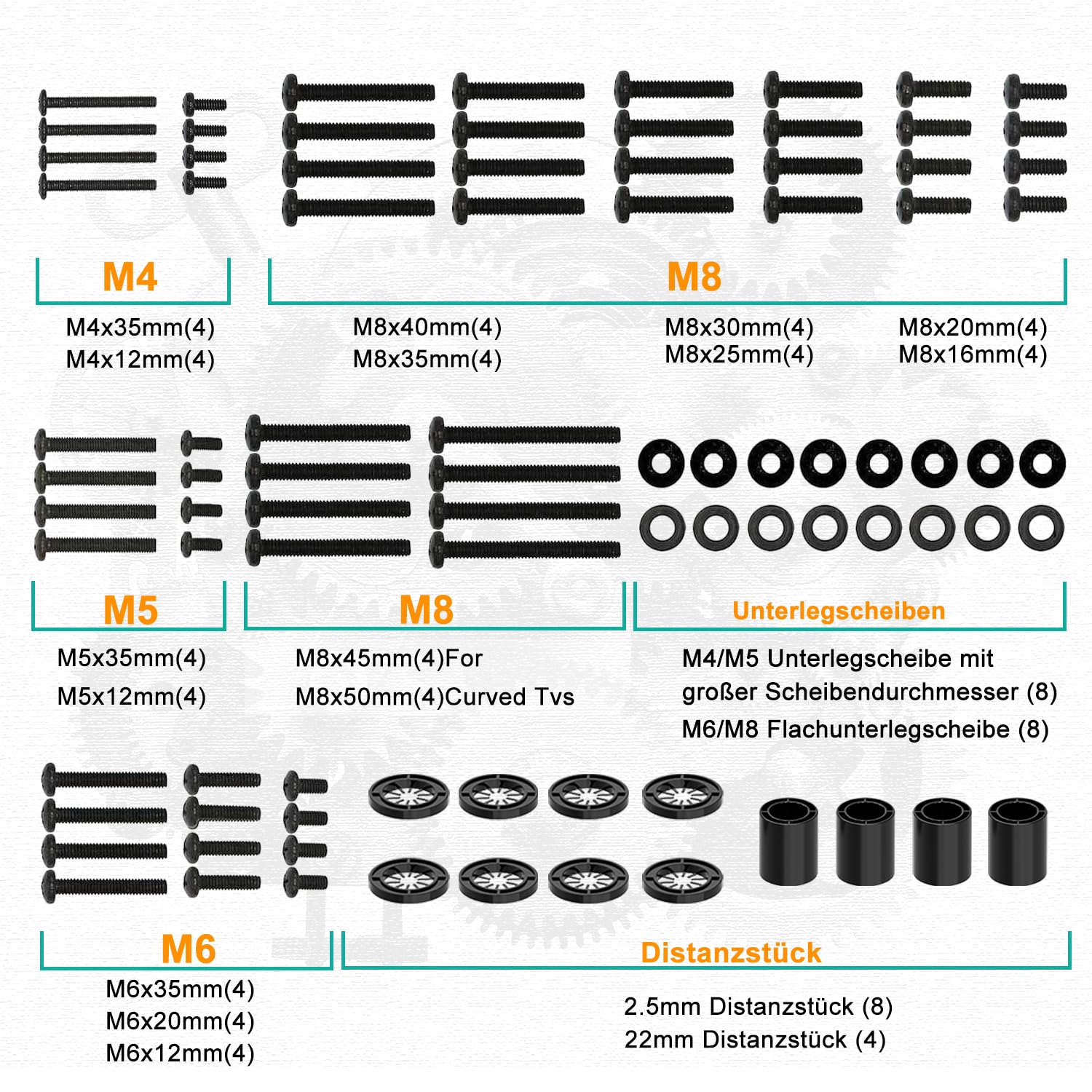 WALI Universal TV Mounting Hardware Kit Set Includes M4 M5 M6 M8 TV Screws and Spacer Fit Most TVs up to 80 inch (UVSP), Black - Image 3